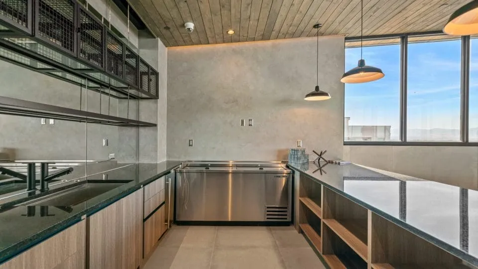 Salt Lake Crossing lounge with community kitchen.