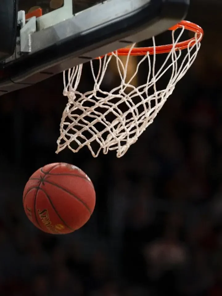 Basketball flying through the hoop at a Utah Jazz game.