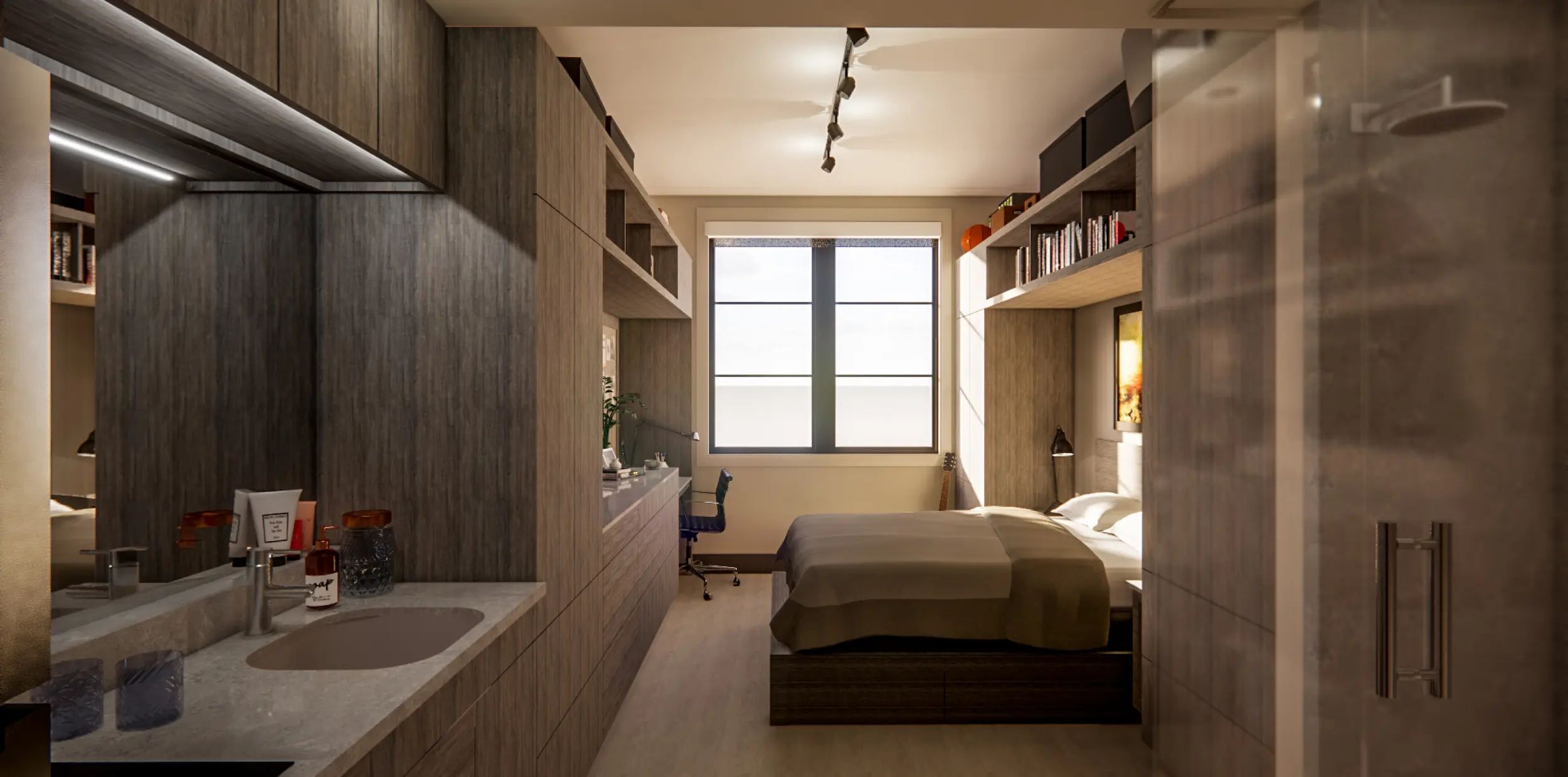 Furnished studio apartment at Salt Lake Crossing with built in shelves and desk.