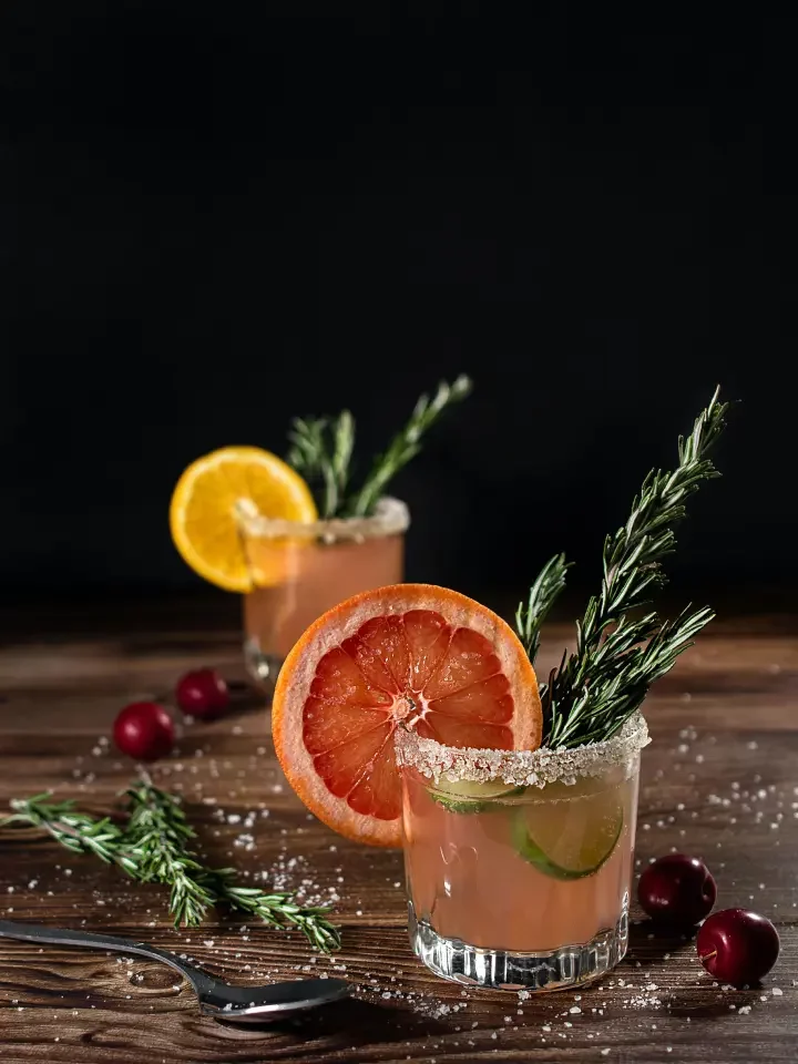 Fancy cocktails on wood table.