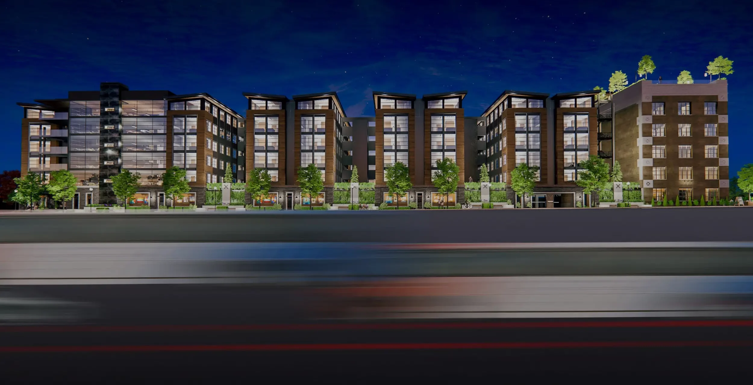 Salt Lake Crossing apartments at night.