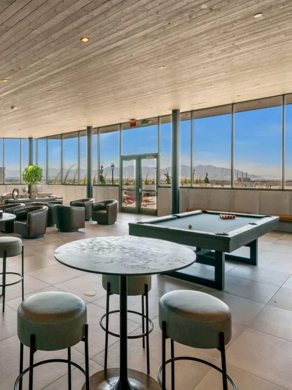 Salt Lake Crossing rooftop clubhouse and lounge with pool table.