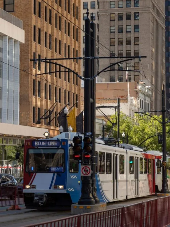 Blue Line train running in downtown Salt Lake City.